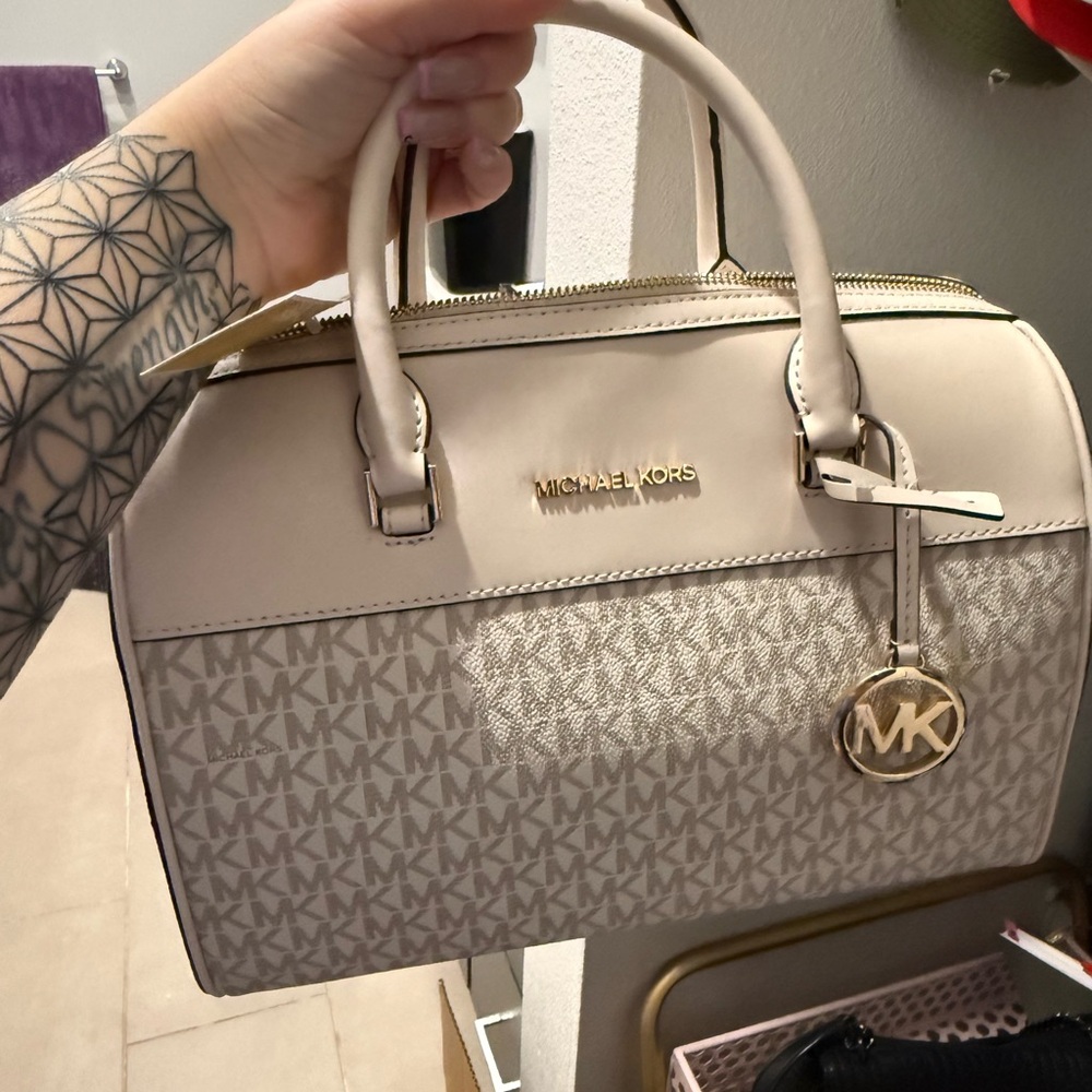 Michael Kors Cream and Tan Logo Satchel